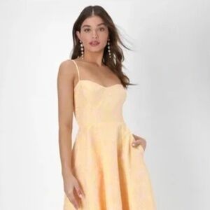 Lulu’s Meet for Tea Yellow Pink Flowers  Jacquard Bustier Pockets Midi Dress